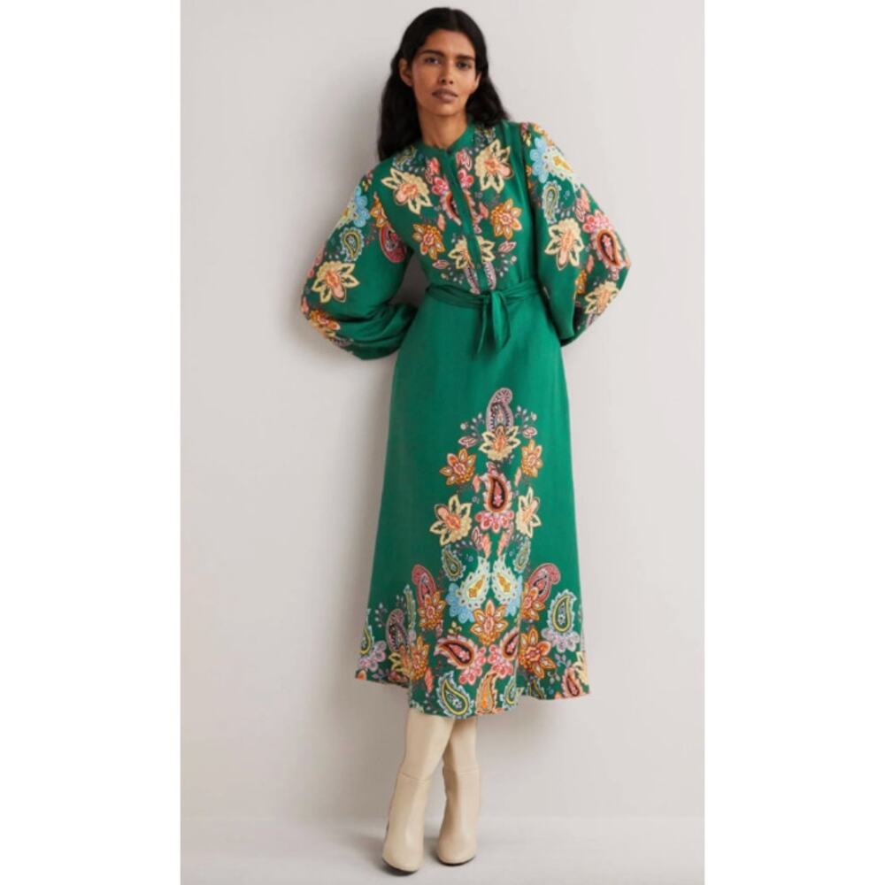 Boden Green paisley Blouson Sleeve Midi Dress size 14